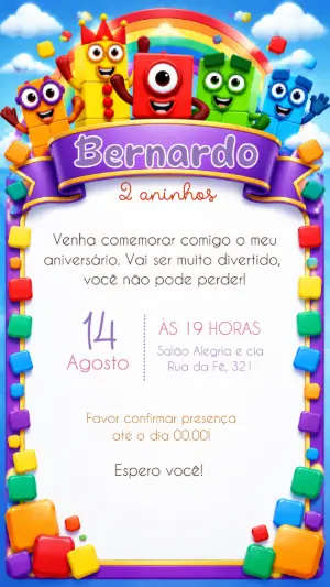 Convite de Aniversário Numberblocks Editável para Festa Infantil