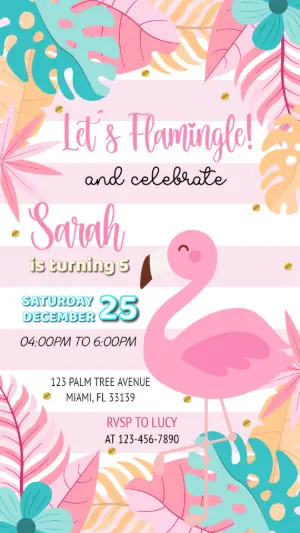 Editable Flamingo Birthday Invitation with Tropical Leaves