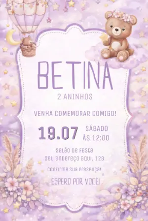 Convite de Aniversário Ursinha no Balão Lilás Boho Editável