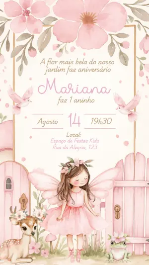 Convite Aniversário Jardim Encantado com Fada para Editar Online