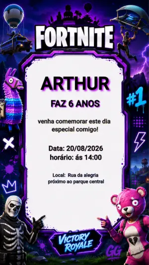Convite de Aniversário Fortnite Editável para Menino