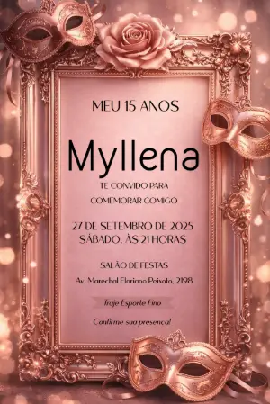 Convite 15 Anos Baile de Máscaras Rosê Gold para Editar