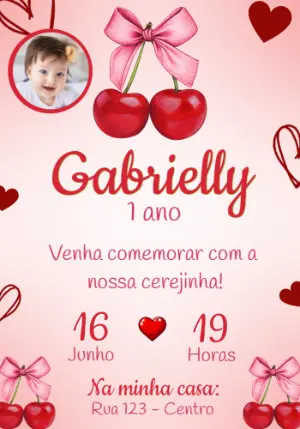 Convite Aniversário Cerejinha com Foto para Editar