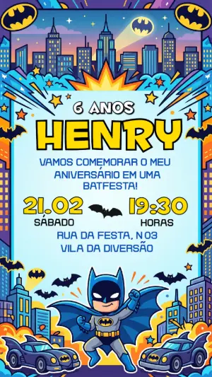 Convite de Aniversário Batman Infantil para Editar Online