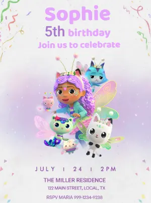 Editable Gabby's Dollhouse Fairy Birthday Invitation Template