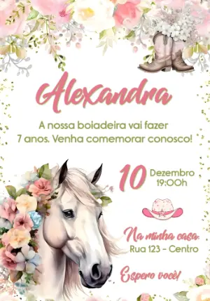 Convite de Aniversário Boiadeira Floral Rosa para Editar