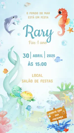 Convite Aniversário Fundo do Mar com Animais para Editar