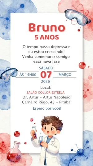 Convite de Aniversário Cientista Aquarela para Editar