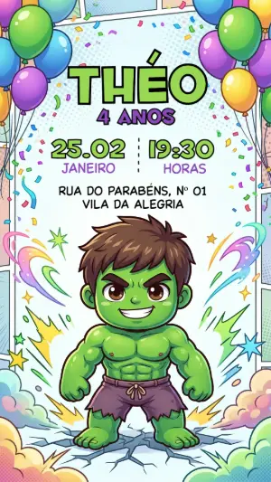Convite Aniversário Hulk Cute Estilo Gibi para Editar