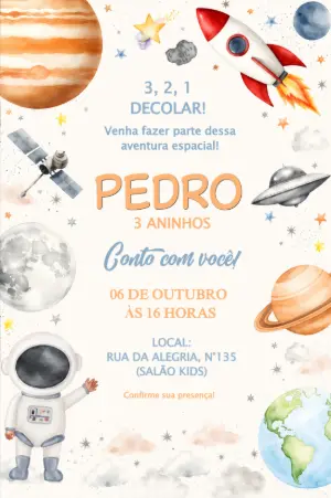 Convite de Aniversário Astronauta para Editar Online com Tema Espacial