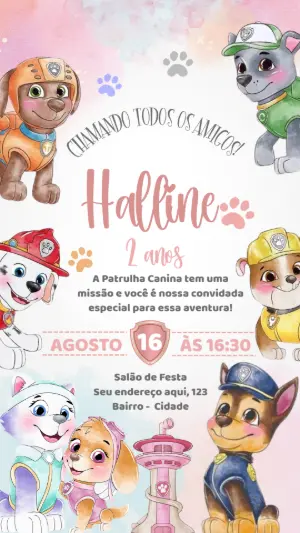 Convite Aniversário Patrulha Canina Menina para Editar Online