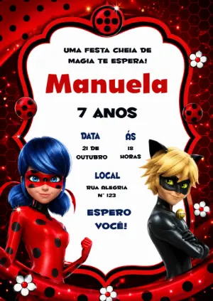 Convite de Aniversário Lady Bug e Cat Noir Editável