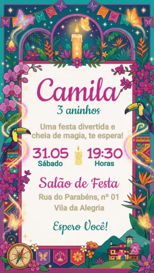 Convite de Aniversário Encanto Mágico Colorido para Editar
