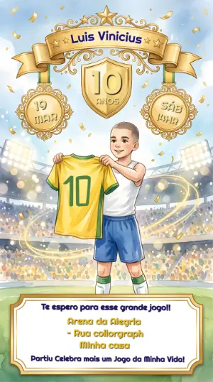 Convite Aniversário Futebol Brasil Aquarela Editável