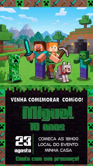 Convite de Aniversário Minecraft: Modelo Digital Editável