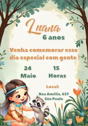 Convite Aniversário Pocahontas e Guaxinim Editável Online