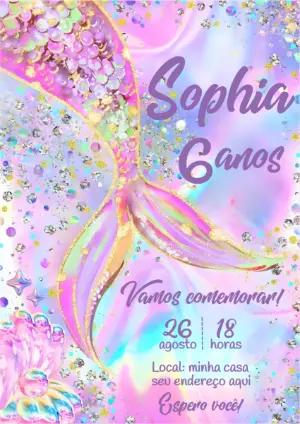 Convite de Aniversário Sereia com Glitter para Editar Online