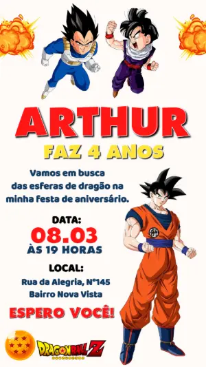 Convite de Aniversário Dragon Ball Z com Goku e Vegeta para editar