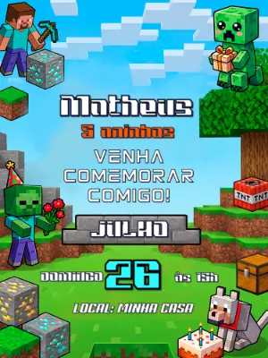 Convite de Aniversário Minecraft: Modelo Digital Editável