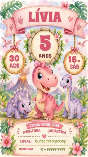 Convite de Aniversário Dinossauro Menina Rosa Editável