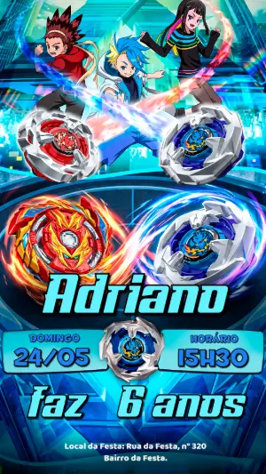 Convite de Aniversário Beyblade Editável com Tema de Batalha