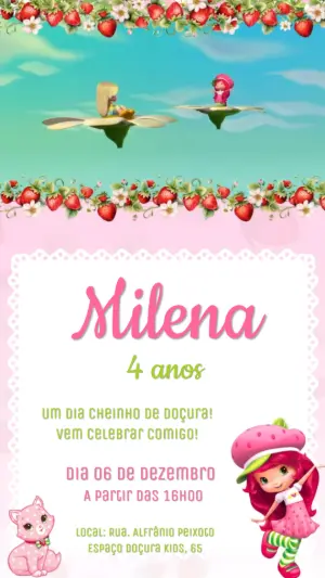 Convite Animado Aniversário Infantil Tema Moranguinho Editável