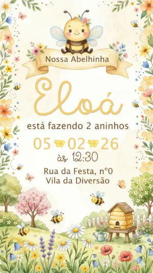 Convite de Aniversário Abelhinha Aquarela para Editar