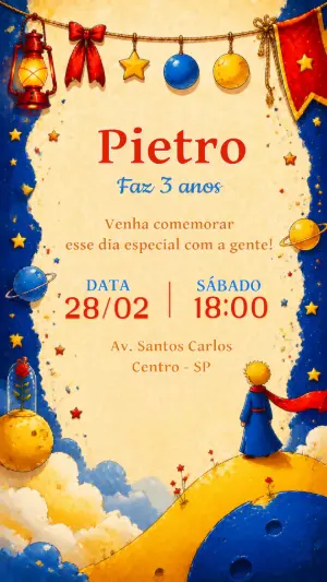 Convite de Aniversário Pequeno Príncipe Ilustrado para Editar