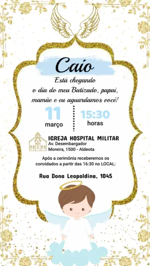 Convite de Batizado Anjinho Azul e Dourado para Editar