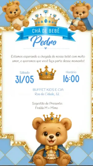 Convite Chá de Bebê Ursinho Príncipe Realeza para Editar Online