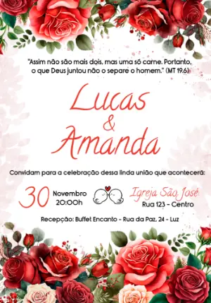 Convite de Casamento com Rosas Vermelhas para Editar Online