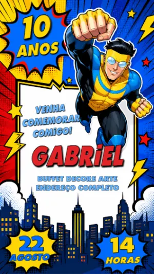 Convite de Aniversário Super-Herói Invencível Editável