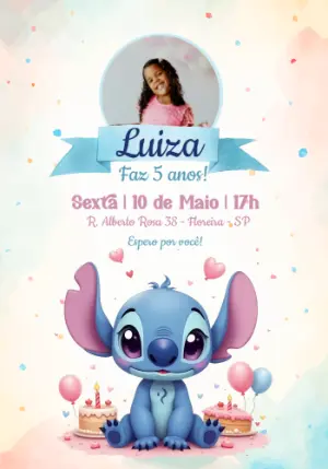 Convite Aniversário Stitch com Foto para Editar Online