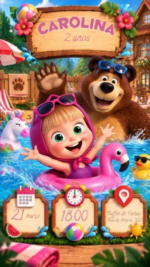 Convite de Aniversário Masha e o Urso na Piscina Editável