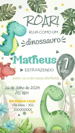 Convite Digital Infantil Tema Dinossauros para Editar