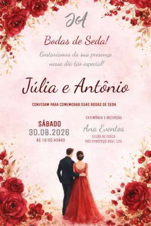 Convite Bodas de Seda Elegante com Rosas Vermelhas Editável