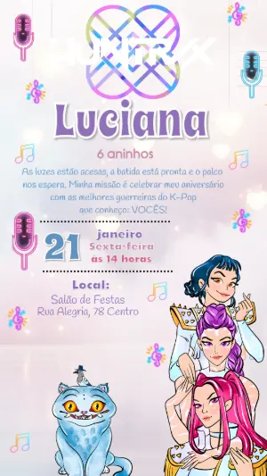 Convite Animado de Aniversário Guerreiras do K-Pop Neon para Editar