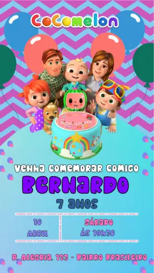 Convite Animado Aniversário Cocomelon para Editar Online