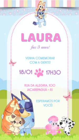 Vídeo Convite de Aniversário Bluey Infantil para Editar Online