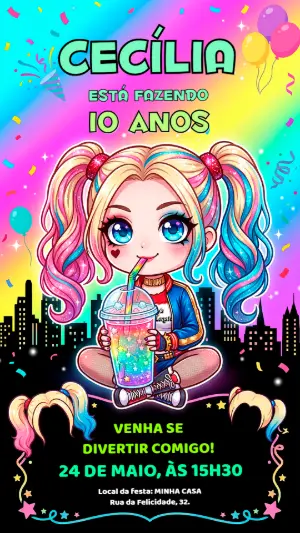 Convite de Aniversário Alerquina Chibi Editável para Menina