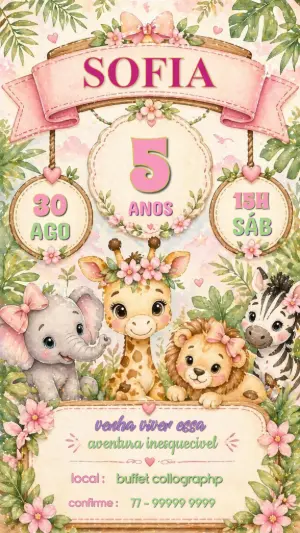 Convite de Aniversário Safari Rosa Infantil Editável
