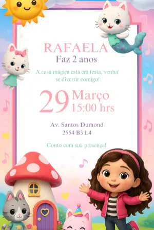 Convite de Aniversário Casa Mágica da Gabby e Gatos para Editar