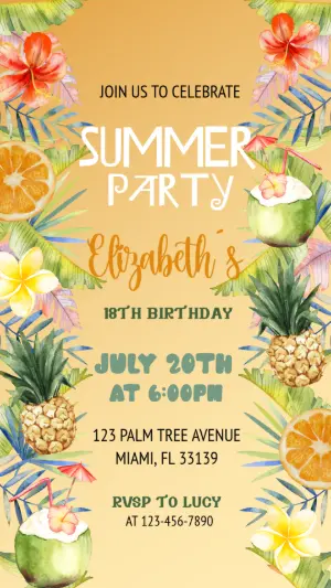 Editable Tropical Summer Birthday Party Invitation