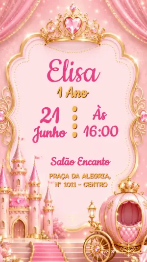 Convite de Aniversário Princesa Rosa e Dourado Editável