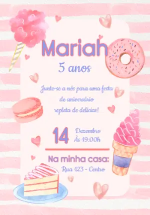 Convite Digital Festa Confeitaria Rosa Aquarela para Editar