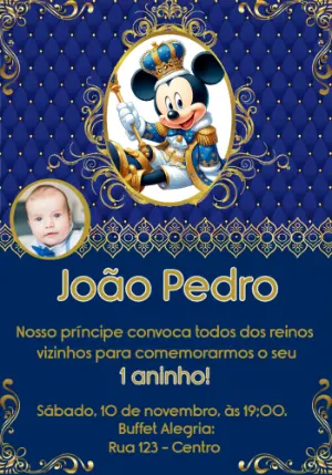 Convite Aniversário Mickey Realeza com Foto para Editar Online