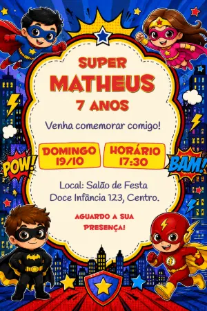 Convite de Aniversário Super Heróis Infantil para Editar