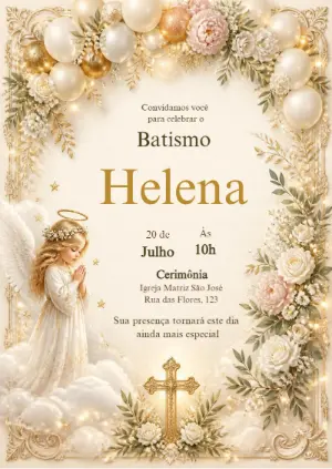 Convite Editável de Batismo com Anjo Floral Dourado