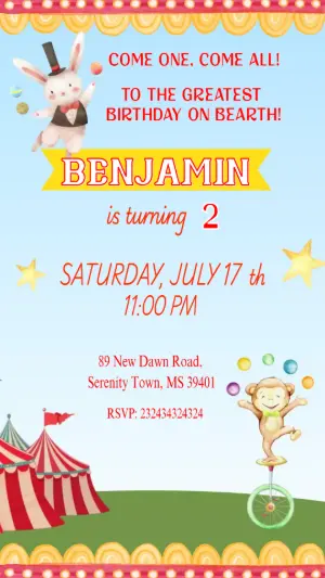 Animated Circus Birthday Video Invitation | Editable Template