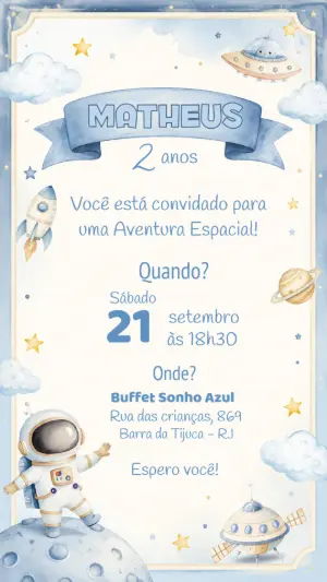 Convite de Aniversário Astronauta Aquarela para Editar